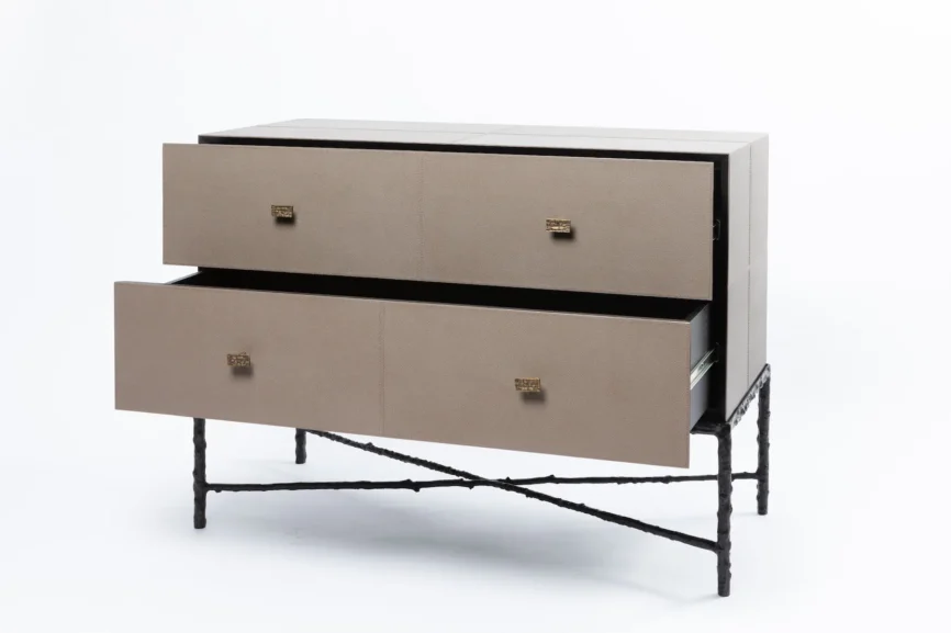 Arun Chest Bronze 2 Drawer Putty Leather — The Arun Chest Bronze 2 Drawer Putty Leather is a timeless example of artisanal…