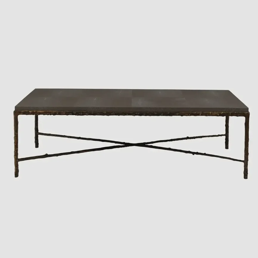 Arun Coffee Table Bronze Dorato Grey Shagreen Leather, Bronze Dorato finish
