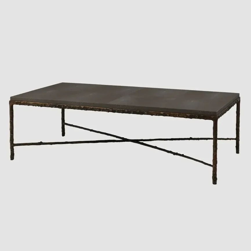 Arun Coffee Table Bronze Dorato Grey Shagreen Leather, 132×72×41 cm