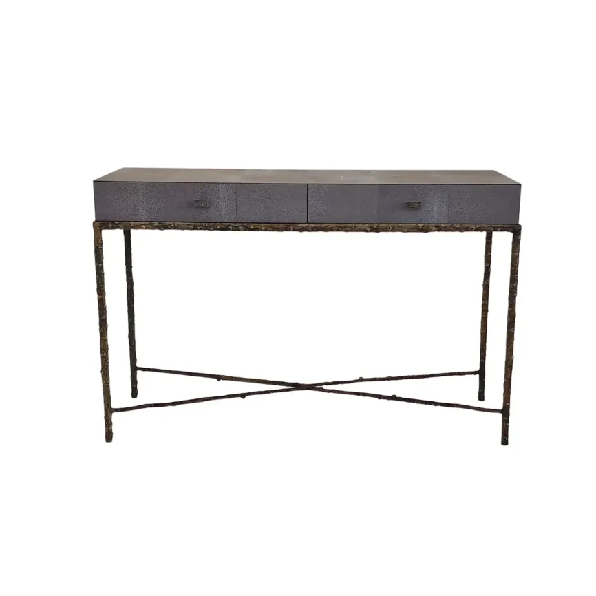 Arun Console 2 Drawers Grey Shagreen Leather, Bronze Dorato finish