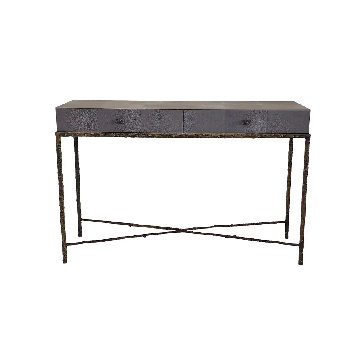 Arun Console 2 Drawers Grey Shagreen Leather, Bronze Dorato finish