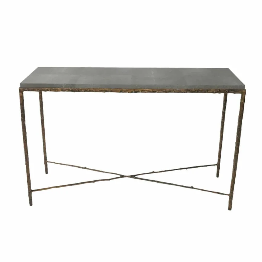 Arun Console Bronze Dorato Grey Shagreen Leather, Bronze Dorato finish