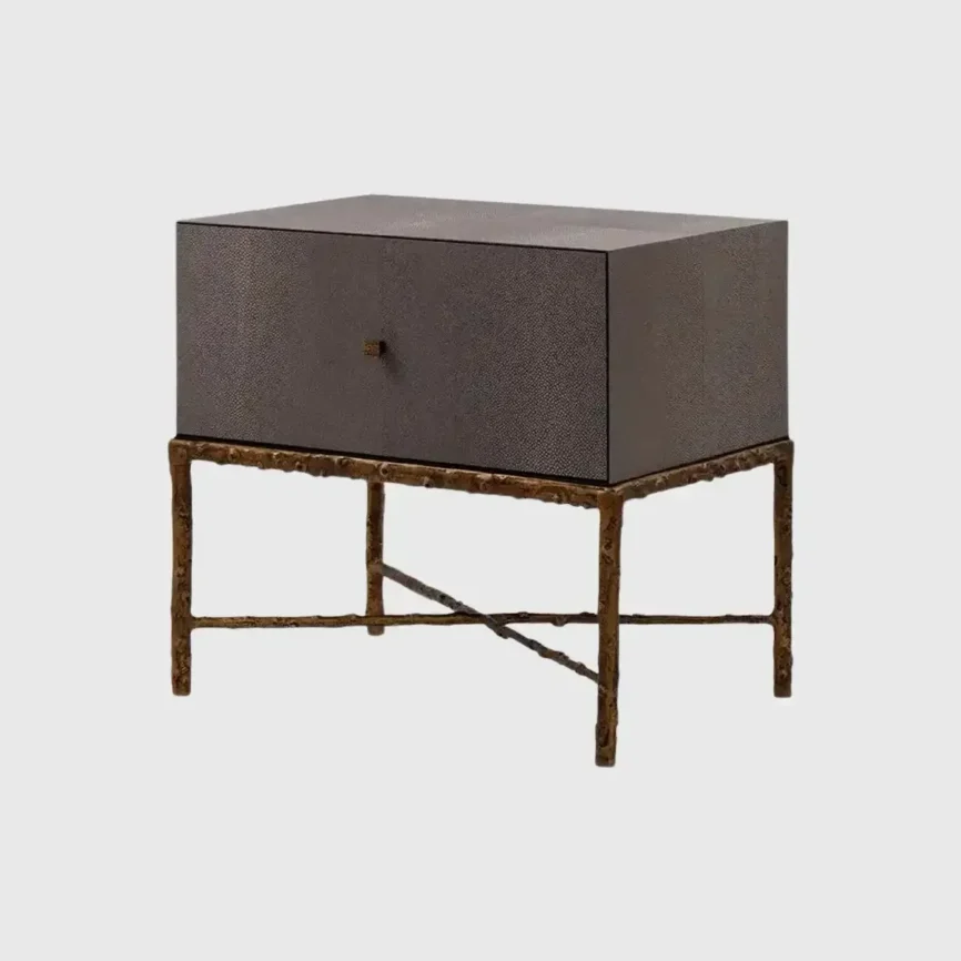 Arun Table Bronze Dorato 1 Drawer Grey Shagreen Leather, Bronze Dorato finish