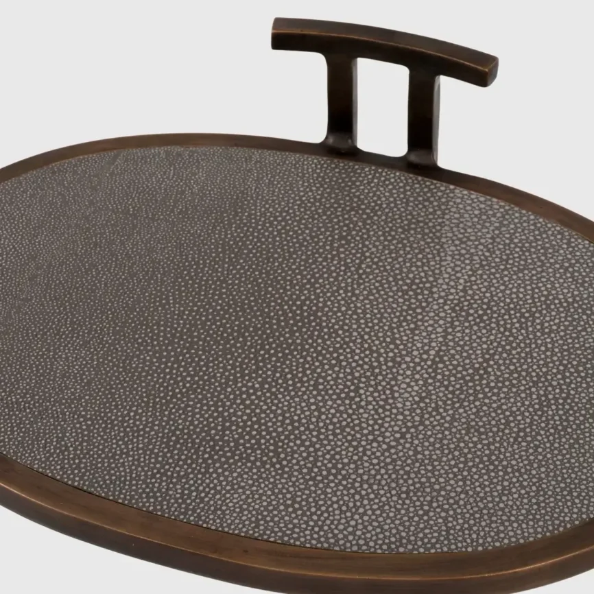 Arunya Oval Cocktail Table Dorato and Grey Shagreen Leather, 35×25×66 cm