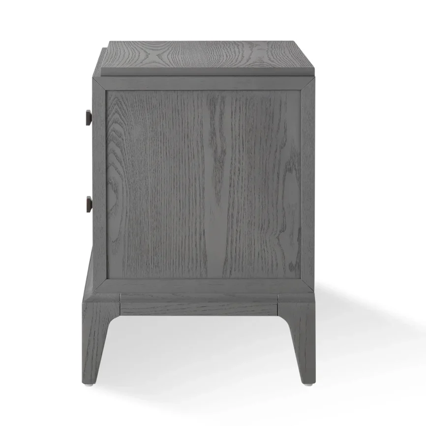 Astoria Nightstand Small Graphite Grey with Shagreen — Its deep graphite grey lacquer finish showcases subtle wood grain…