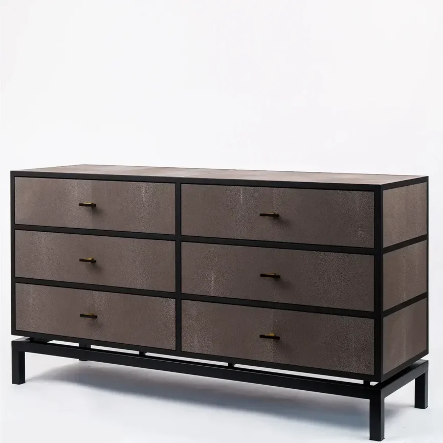 Bertie 6 Drawer Chest Grey Shagreen Leather, 149×45×80 cm