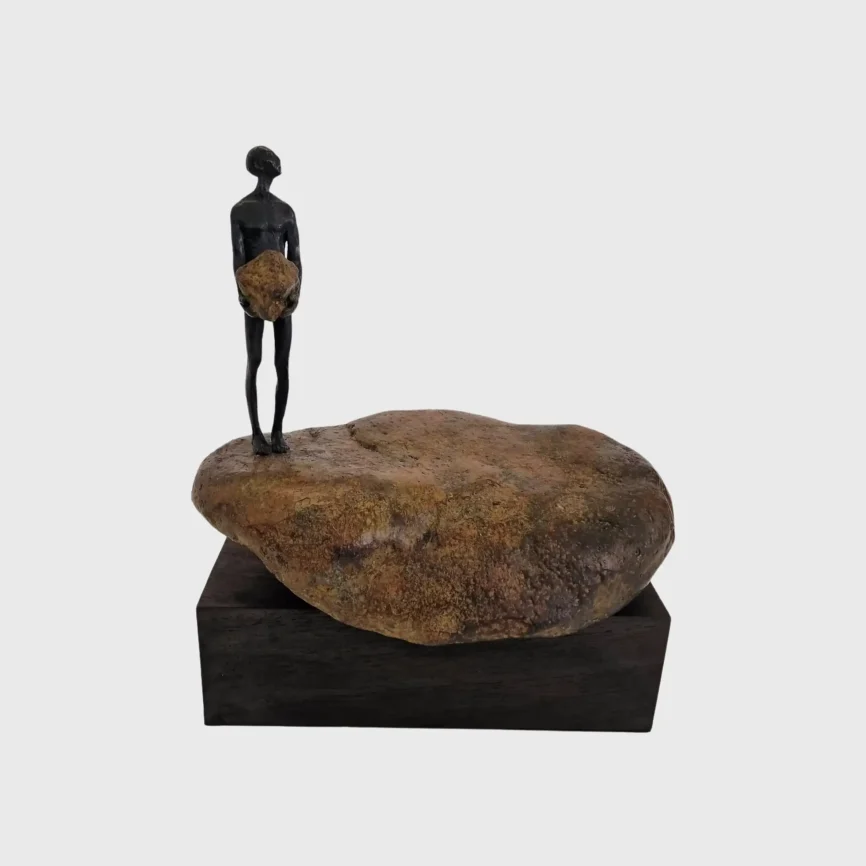 Bronze Figure On Rock Low, Antique Bronze finish
