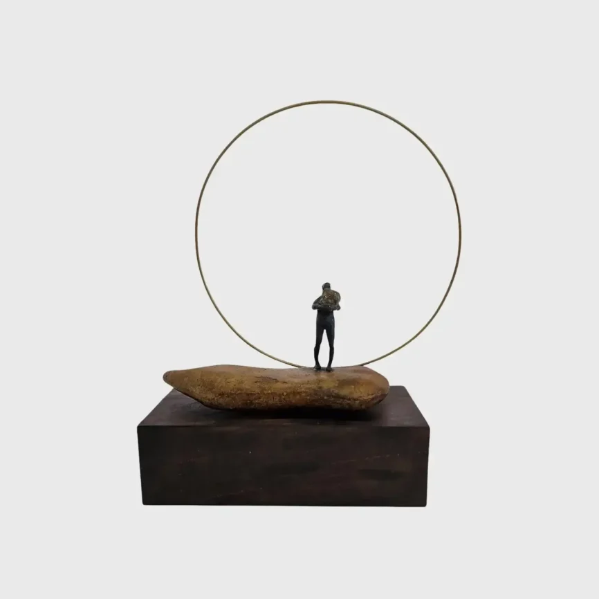 Bronze Figure On Rock With Ring, Bronze Nera finish