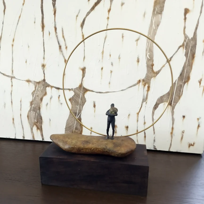 Bronze Figure On Rock With Ring, 27×15×43 cm