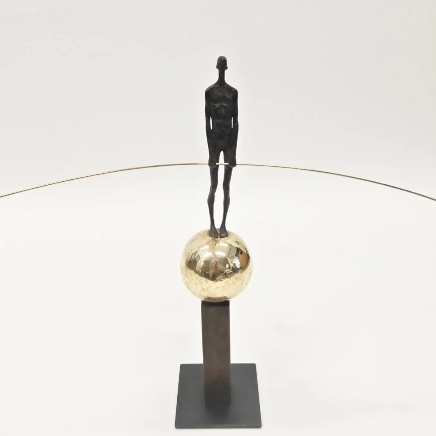 Bronze Figure On Sphere With Stick, Bronze Nera finish