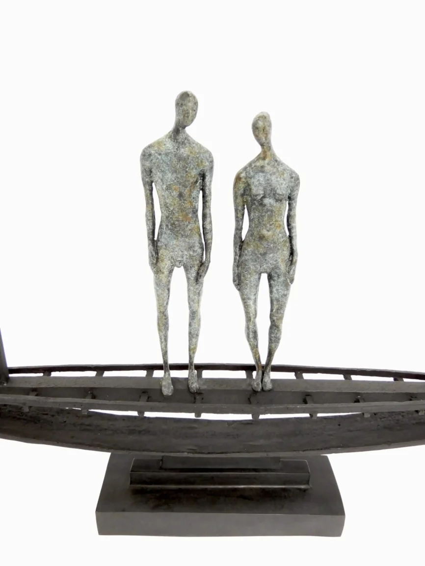 Bronze Figures in Sampan — Cast in bronze and supported on a wooden stand the Bronze Figures in Sampan represents…