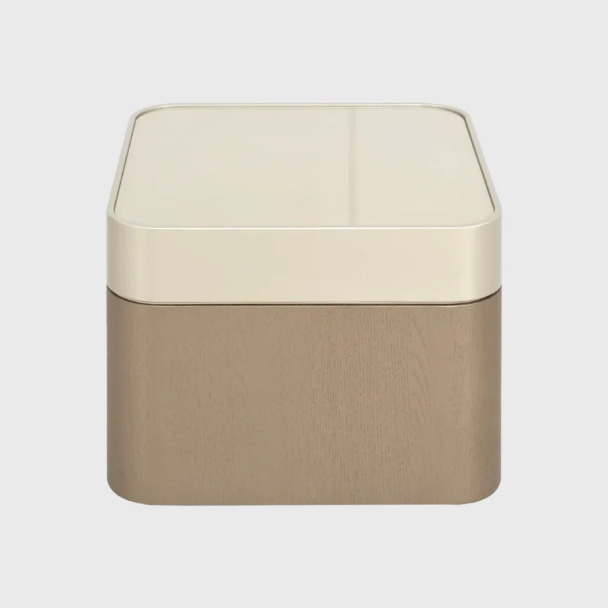 Champagne Side Table — Luxury Champagne Side Table with Tempered Glass Top and Taupe Oak Veneer Base