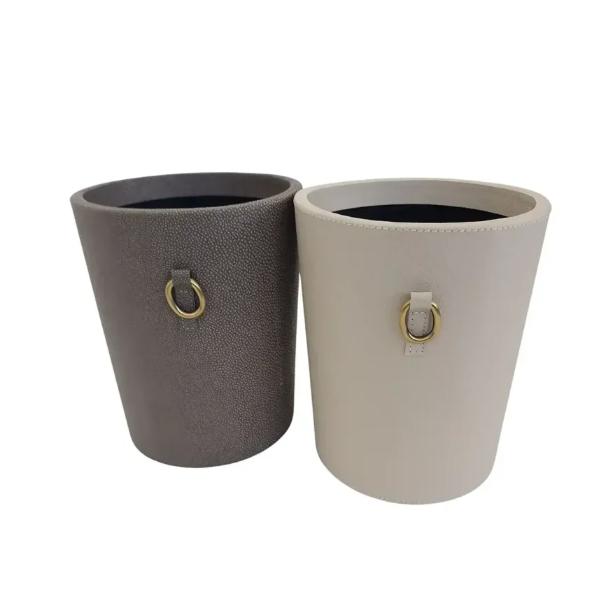 Cone Waste Bin Grey Shagreen Leather, 23×23×29 cm