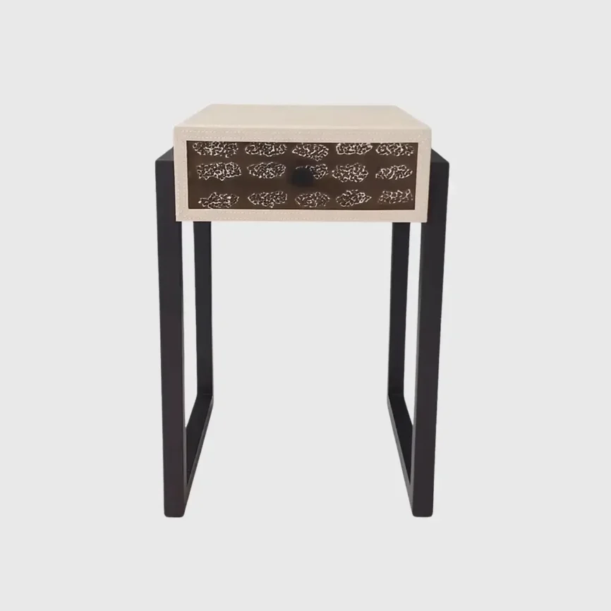 Eggshell and Pumice leather bedside table, Pumice Leather finish
