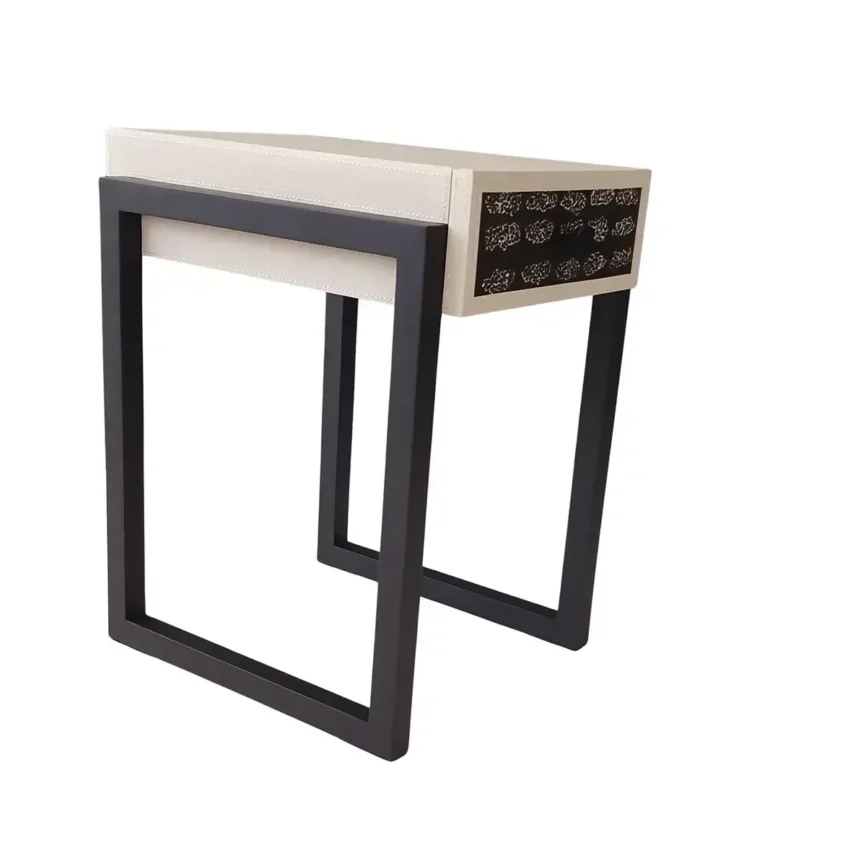 Eggshell and Pumice leather bedside table, 38×46×55 cm