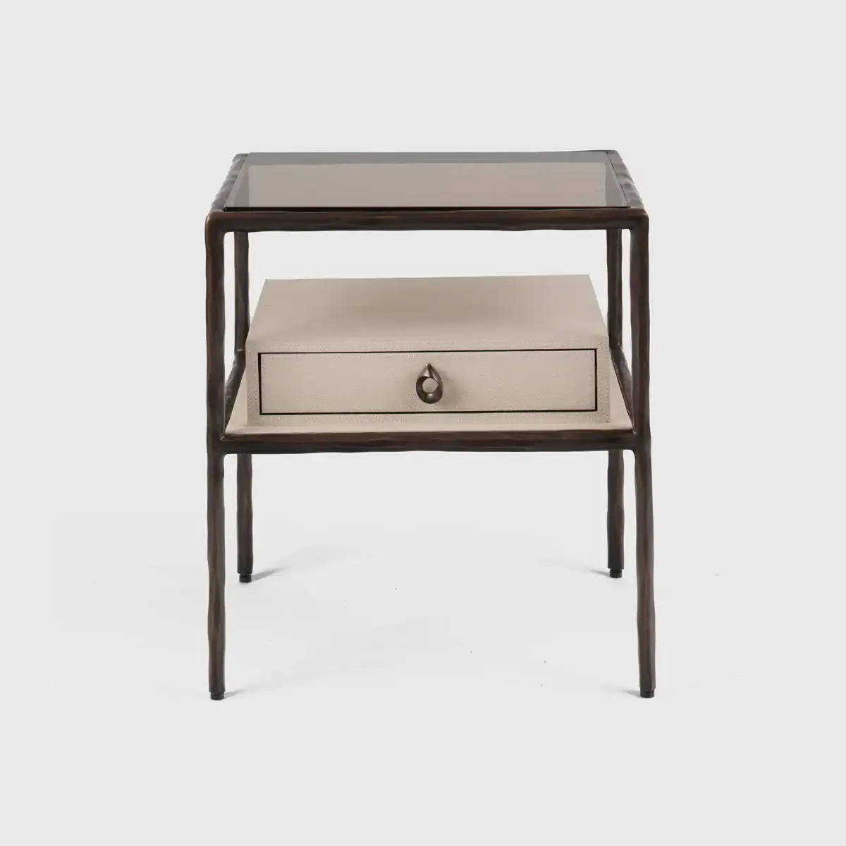 Forge Bedside Table Pumice Leather, Bronze Dorato finish