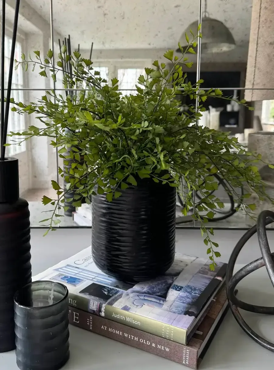 Maidenhair Fern in a Black Carved Vase — greenery
