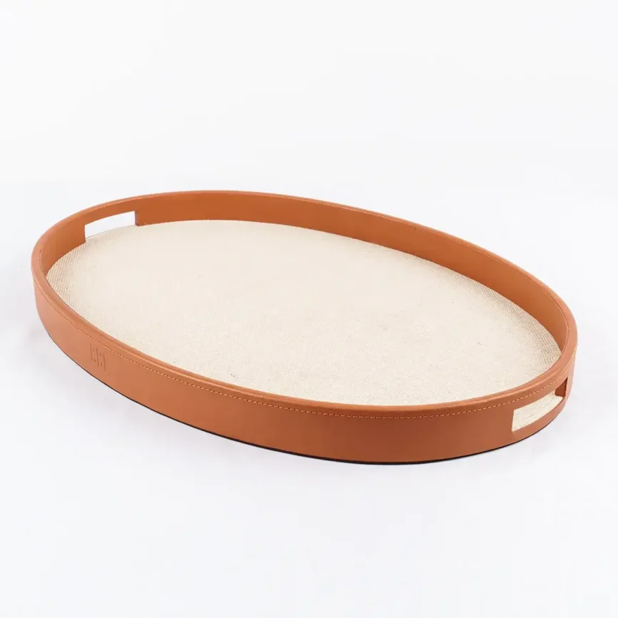 Ralf Oval Tray Leather and Jute, Natural Plain Jute finish