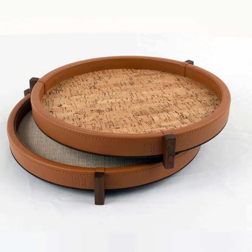 Ralf Round Tray Leather and Cork — decorative leather tray