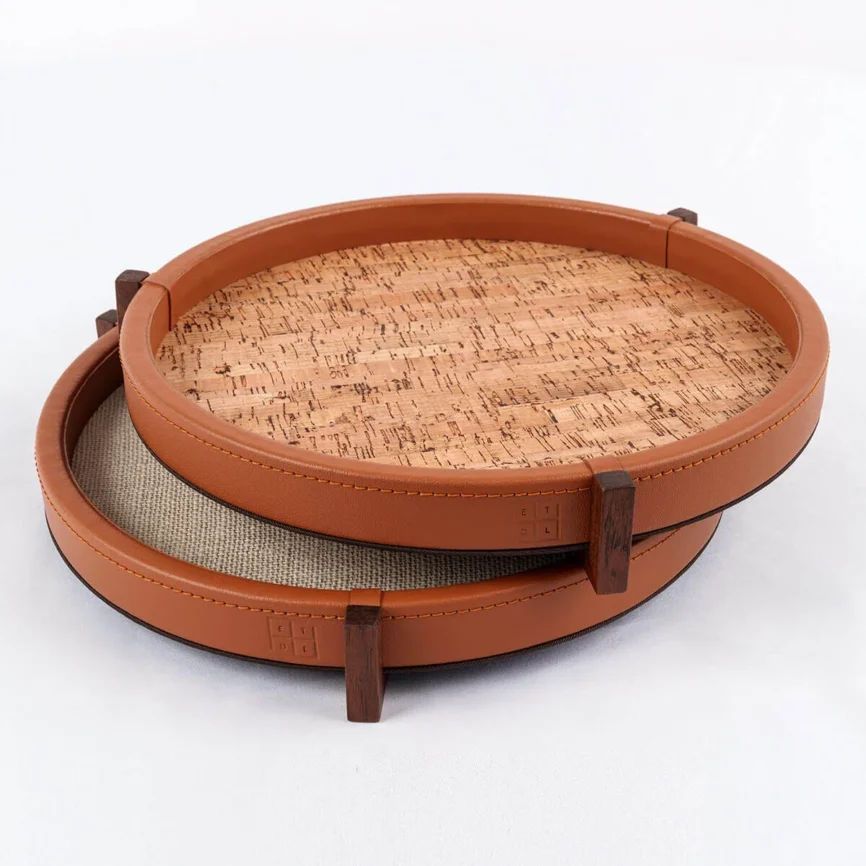 Ralf Round Tray Leather and Jute — decorative leather tray